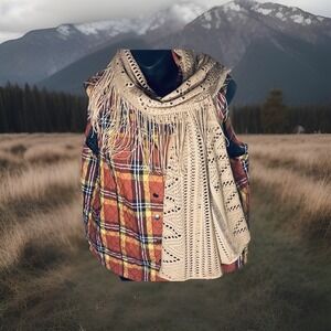 Rebecca Malone Quilted Plaid Colorful Snap Up Collared Vest Scarf Include Large